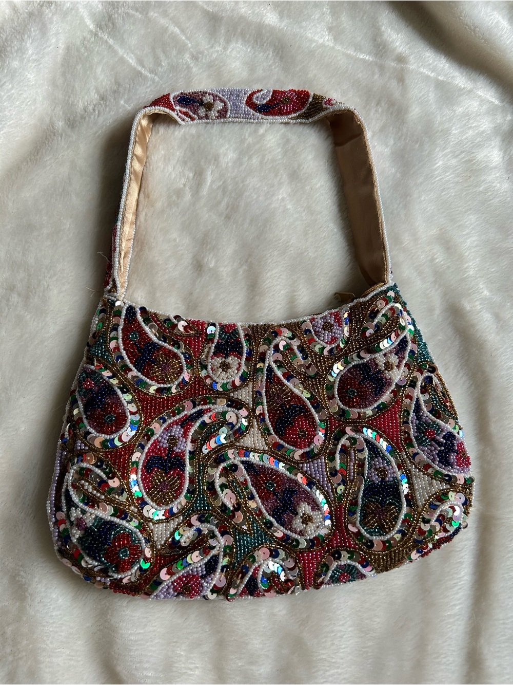 Colorful fully beaded sequin floral paisley small handbag